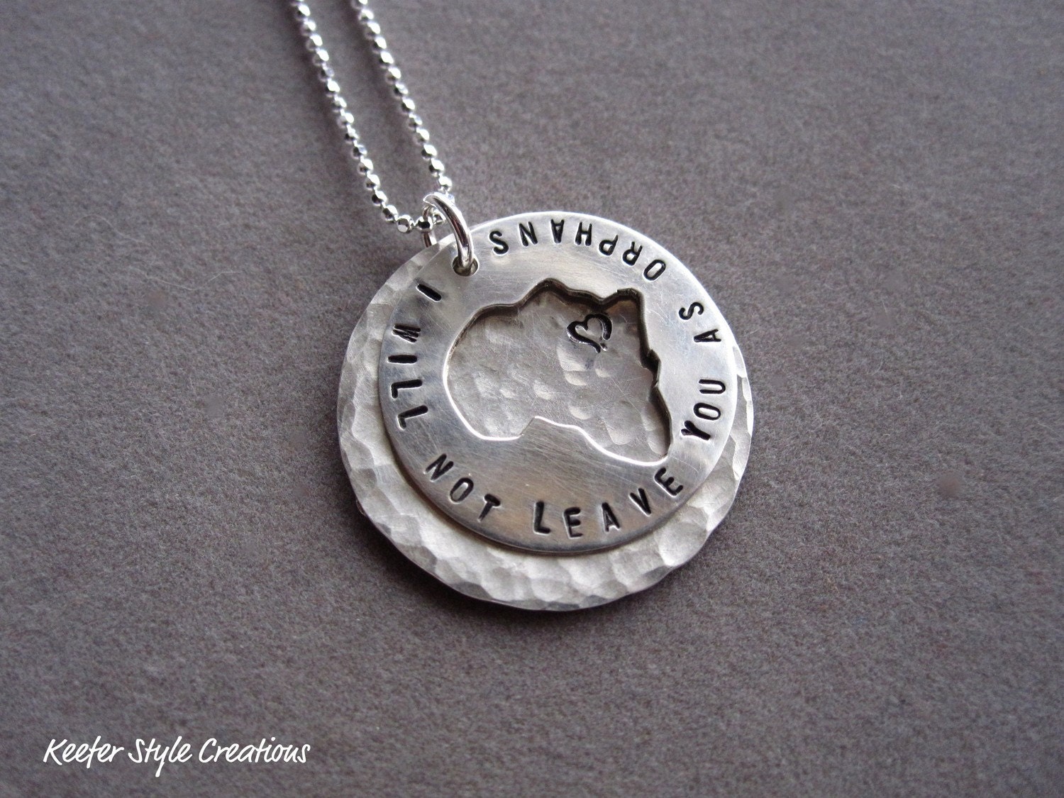 Africa cut out  hand stamped I will not leave you as orphans on hammered disk with Ethiopia heart necklace