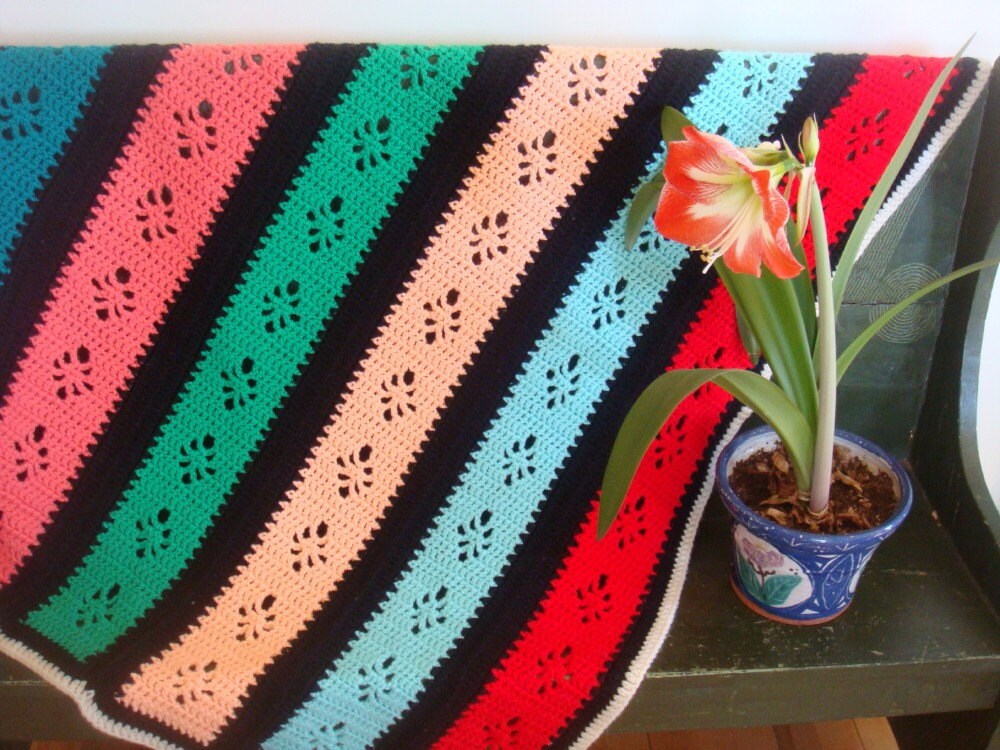 Vintage Crocheted Striped Afghan Blanket Lap Robe