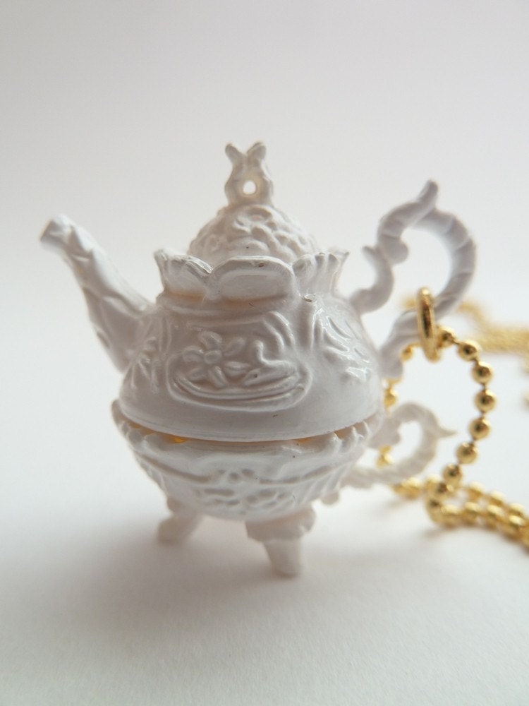 Antique Teapot necklace Pendant alice in wonderland miniature Charm gold ball chain necklace white tea pot tea party cup of coffee unique gifts birthday girls party