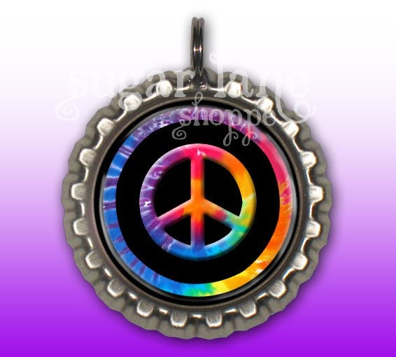 Tie Dye Peace Sign Bottle Cap Pendant Necklace with FREE chain - Buy 2, Get 1 FREE