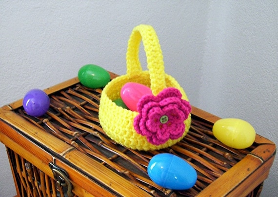 Yellow Crocheted Basket with Pink Flower