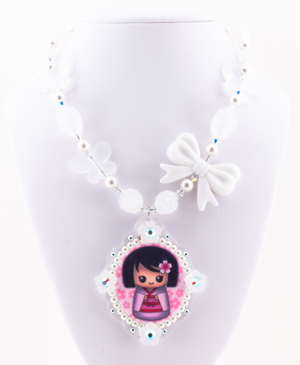 Limited Beautiful White Japanese Kokeshi Doll Cameo Pendant and Beaded Necklace Swarovski Pearls and Lucite