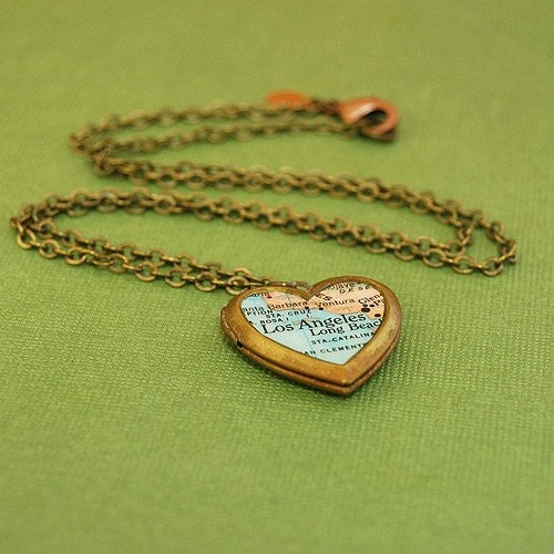 Heart Locket Necklace Map of Los Angeles, Brass Chain - Ready to Ship