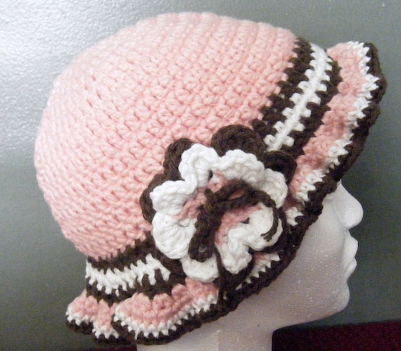 Crochet Girls Hat in Pink, Brown and White