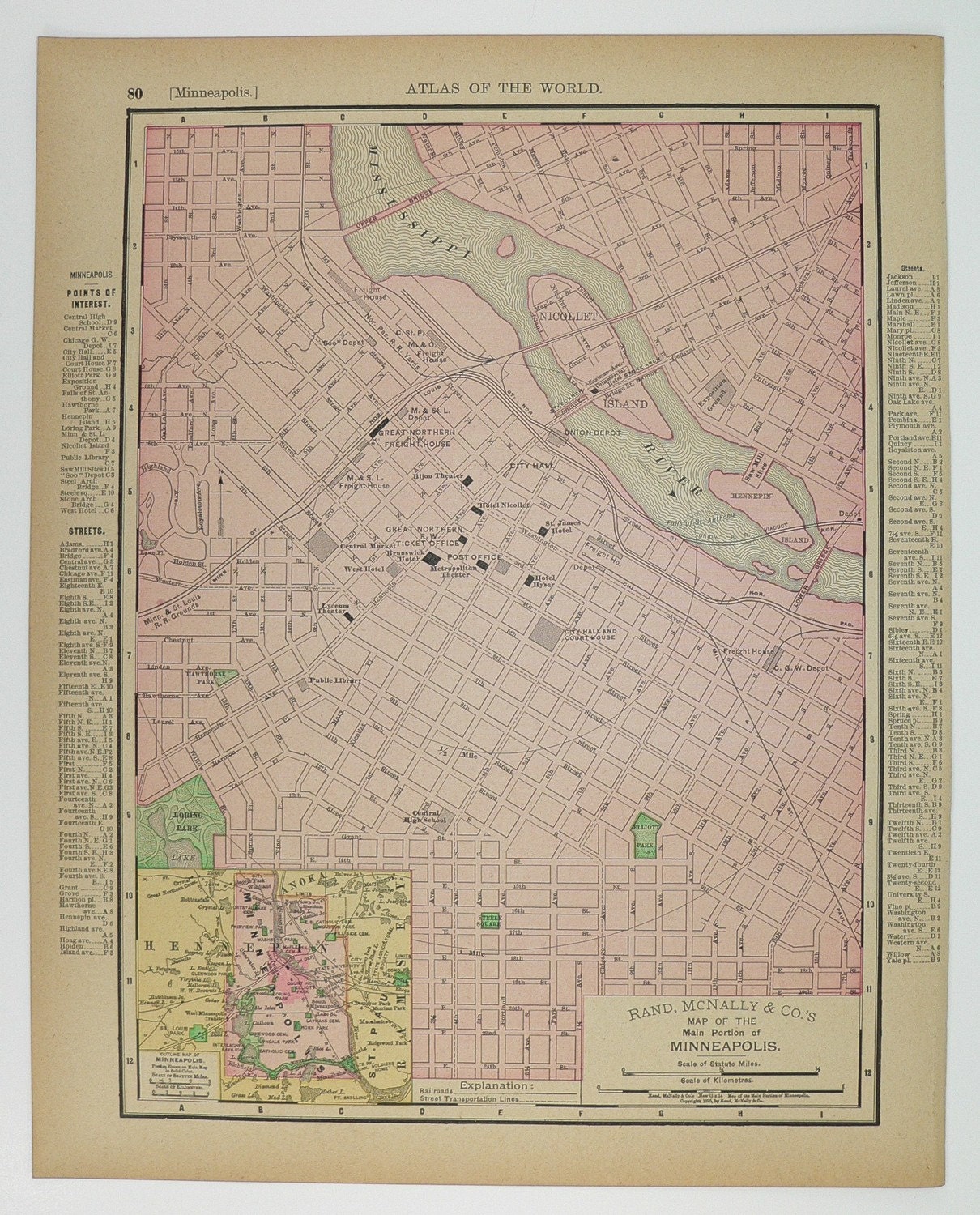 St Paul and Minnesapolis Minnesota 1897 Antique City Street Map