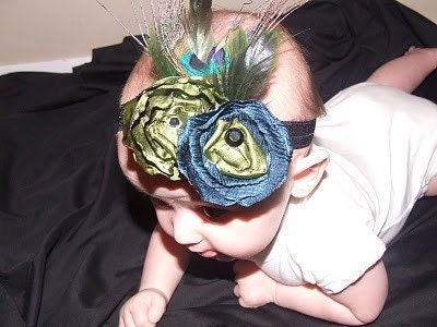 flapper hair. Vintage Flapper Hair Clip Headband with Poppy Flowers in Blue and Green accented with Peacock Feathers and Rhinestones-photo prop, newborn, blessing,