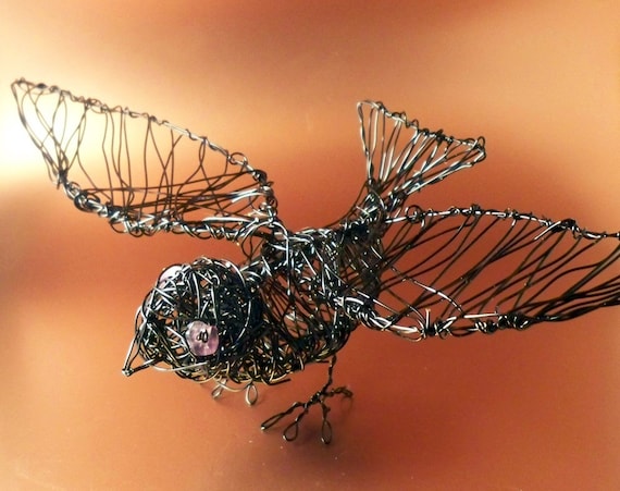 Wire Black Bird Sculpture with Amethyst Eyes UK SELLER