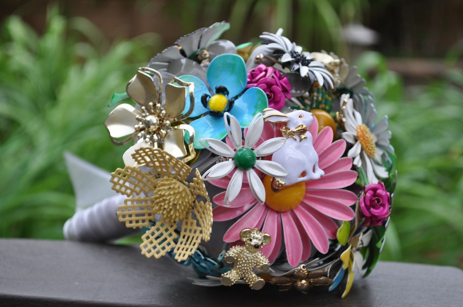 Custom Listing ONLY for Georgiagaden - custom wedding brooch bouquet - vintage, mixed colors, blue bow, rabbit, teddy bear, Irish