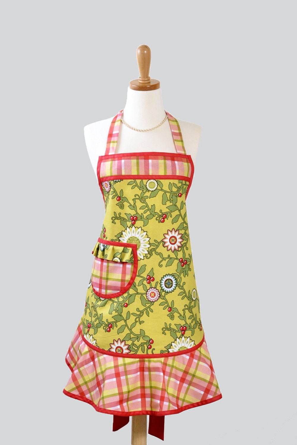 Flounce : Bold Floral Bib Flounce in Summer Orange Yellow and Green with Coordinating Plaid Flounce