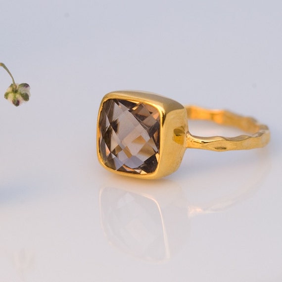 18K Hammered Gold Vermeil and Real Faceted Smokey Quartz Ring