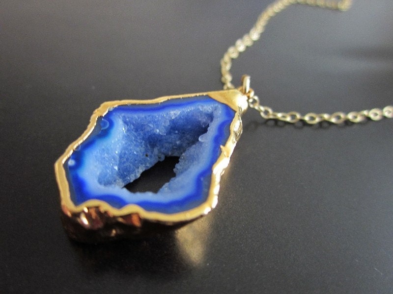 ONLY ONE 24k Gold Dipped Cobalt Blue Geode Druzy Pendant Necklace
