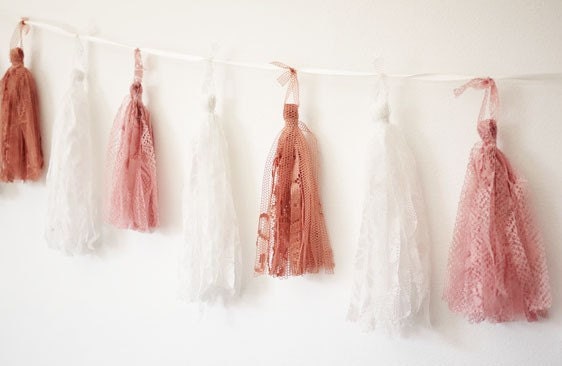 Hanging Lace Tassel Garland - White, Rose Pink & Vintage Rose