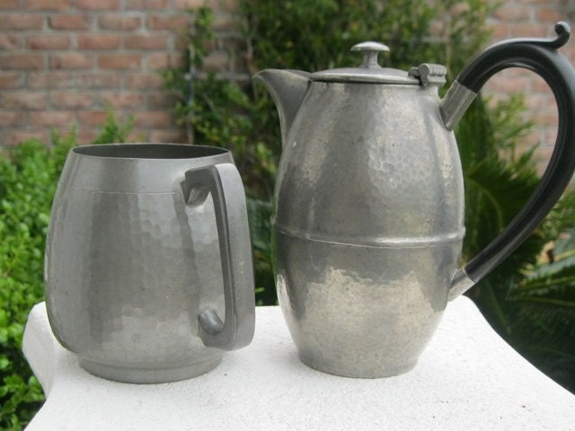 Two Vintage Hammered English Pewter Pieces - Bravingtons Ltd. Mug and Civic Coffee/Tea Pot