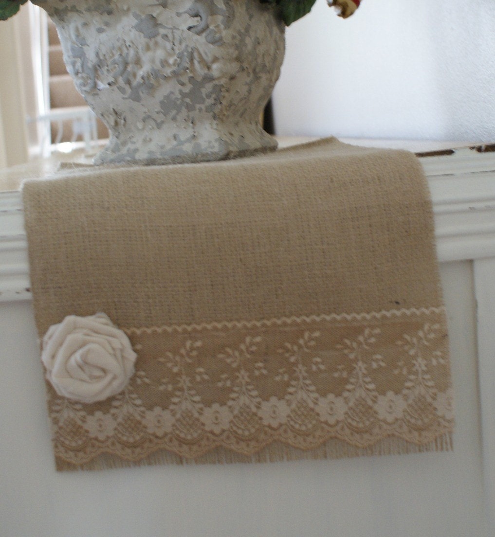 burlap and vintage lace table runner 72" x 11"