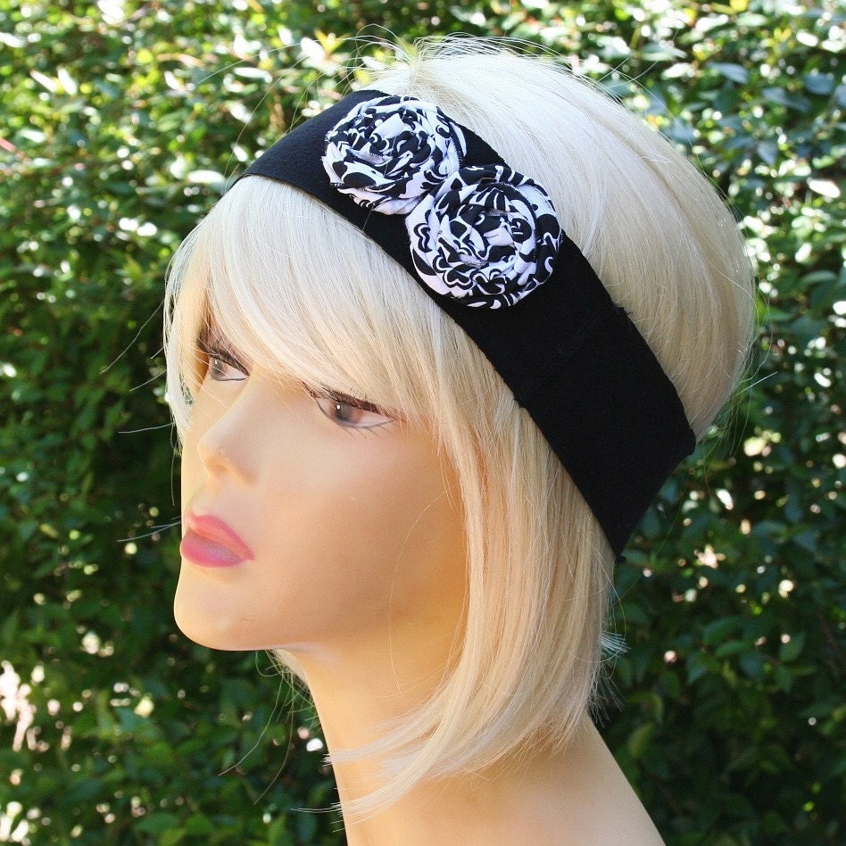 Black and White fabric Flower Stretch Headband by fanciestrands prom 