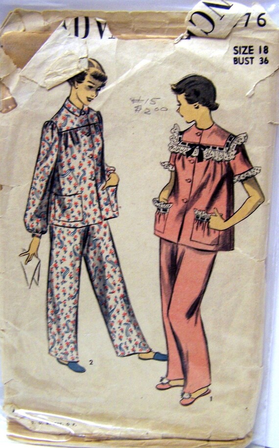 Vintage 50s Advance Misses' Pajamas Sewing Pattern Size 18 Bust 36 Complete