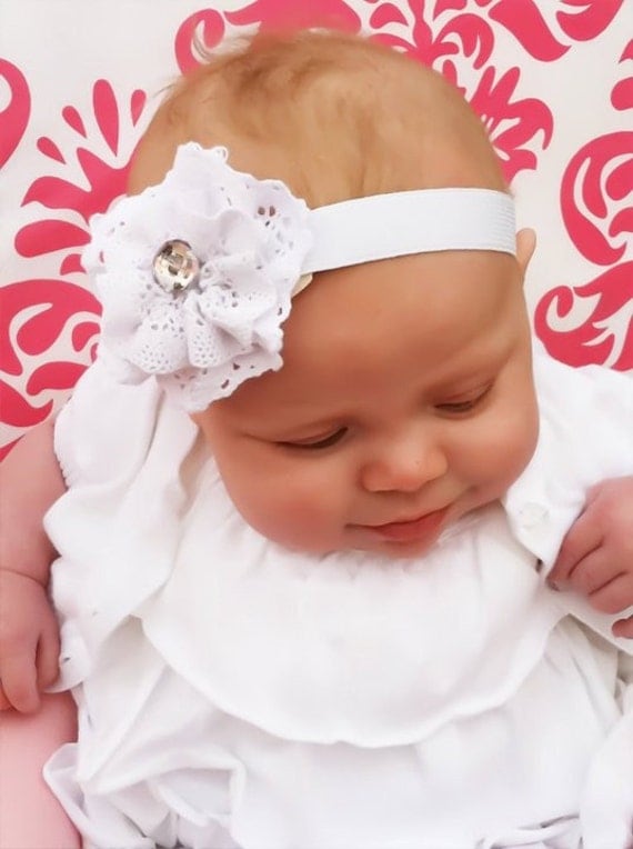 Natalie Headband - White lace flower with jewel on a white band, sizes infant, girls, women