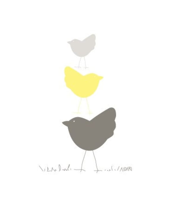 Three Birds in Yellow  8x10 Vector Illustration Print, Graphic Design Print, Nursery Art, Three Birds, Baby, Kids, Children,