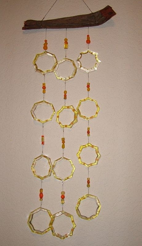 Transparent Orange and Yellow recycled jars and Driftwood Windchime