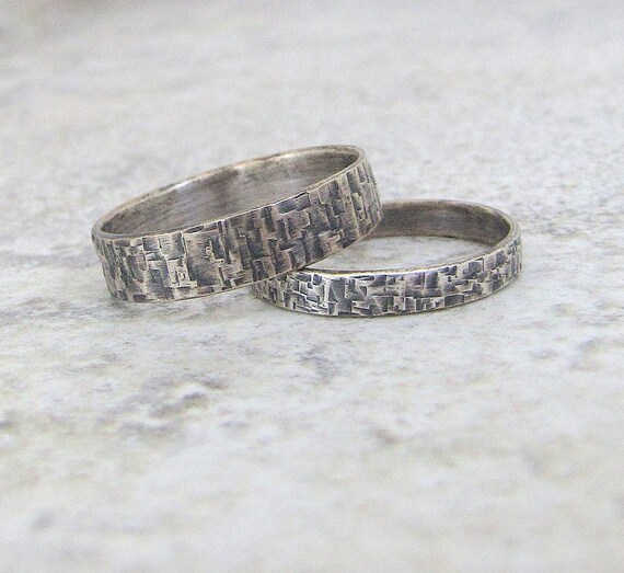 Hammered Oxidized Distress Squares Silver Ring Set by SilverSmack hammered