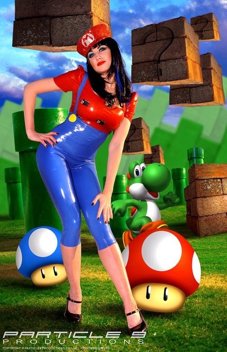 Super Mario Inspired Two Piece Cosplay Dress-up Comic Outfit in Latex Rubber