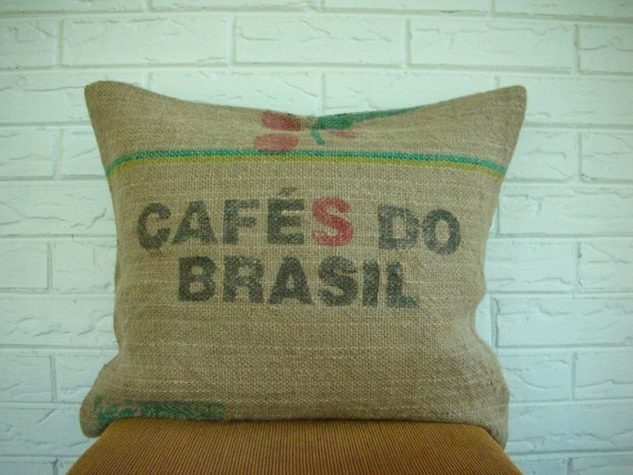 RESERVED-Cafes Do Brasil Reclaimed Burlap Coffee Sack Pillow Cover, Brazil, 16" x 20"