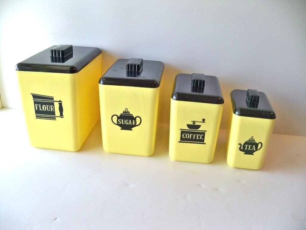 Yellow and Black Canister Set 1950-60s Set of 4