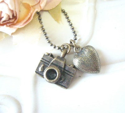 Heart Camera Pendant Necklace (Brass)