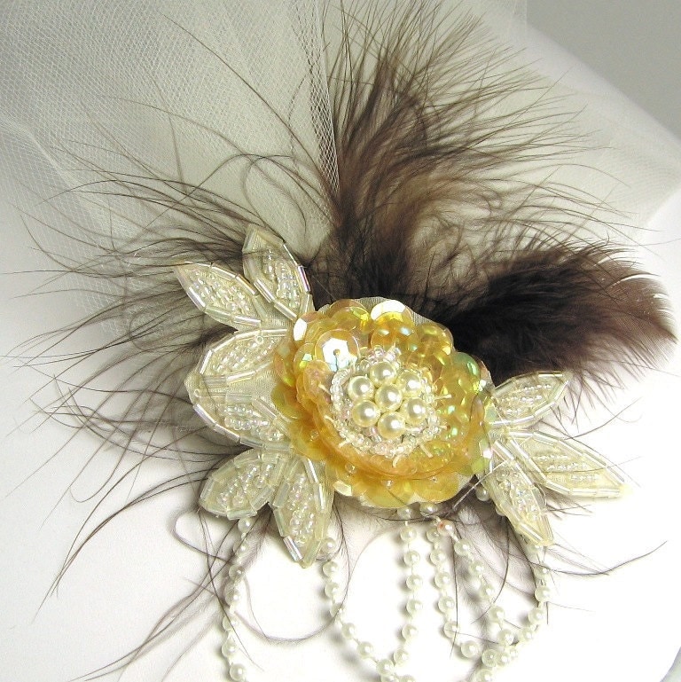Fascinator- Vintage pearls and feather in Chocolate