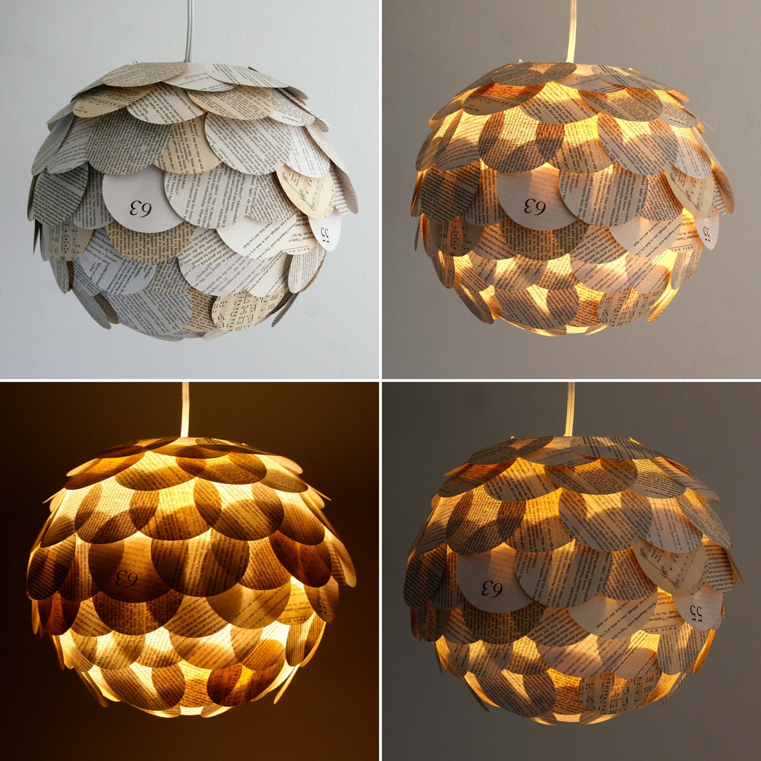 Artichoke Mixed Book Page Pendant Light - Hanging Paper Lantern - Shade Only