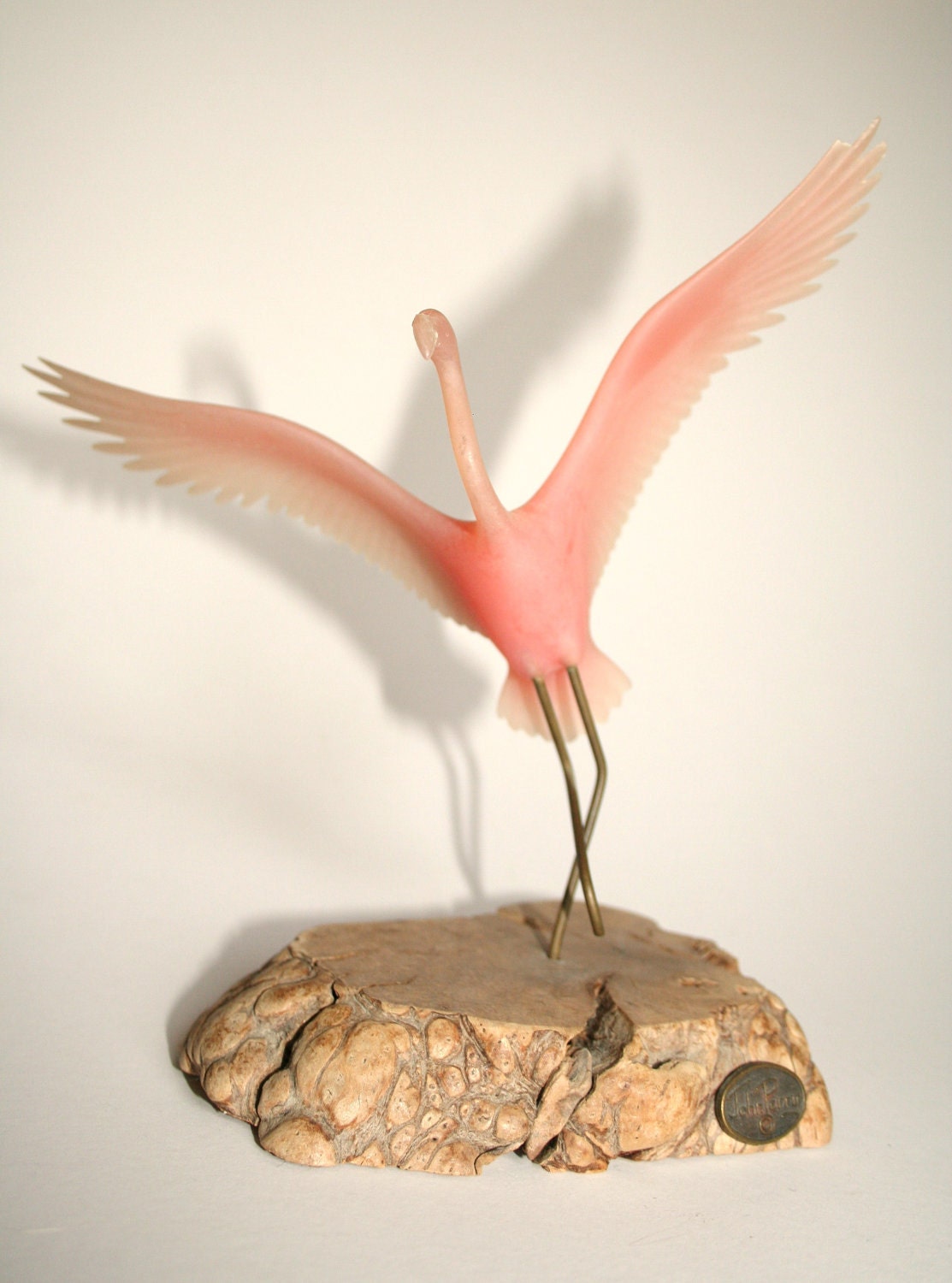 Vintage John Perry Pink Flamingo Art on Burl Wood