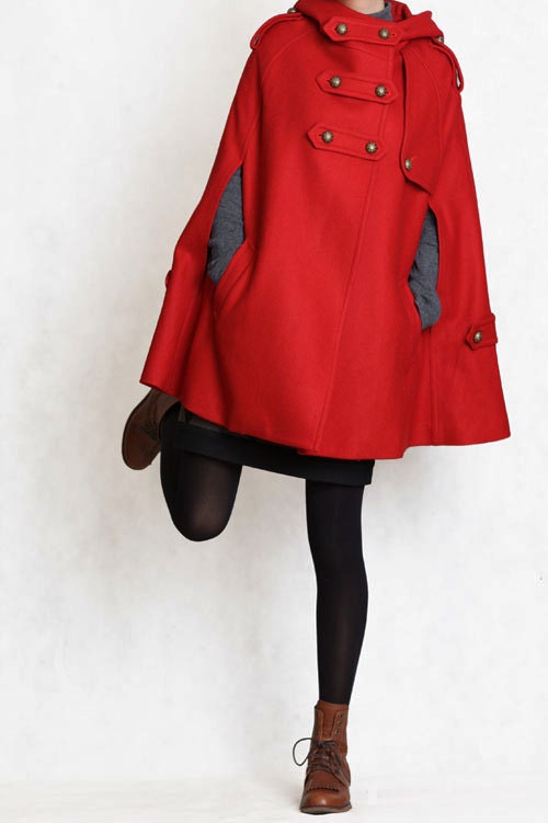 double breasted button wool coat/cape in red FM003C