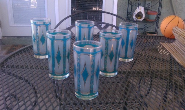 Mid Century Blue and Gold High Ball Glass Set 6pc