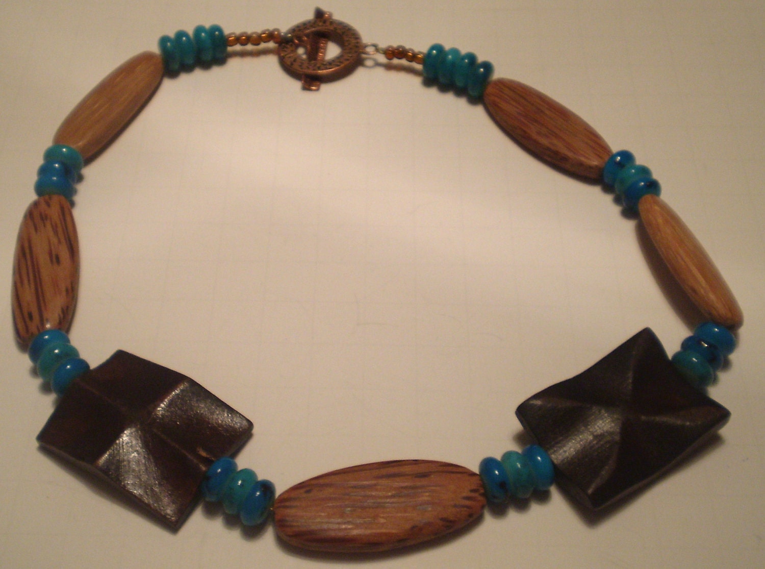 Necklace and Earring Set Southwestern Medium Brown Wood and Turquoise Glass