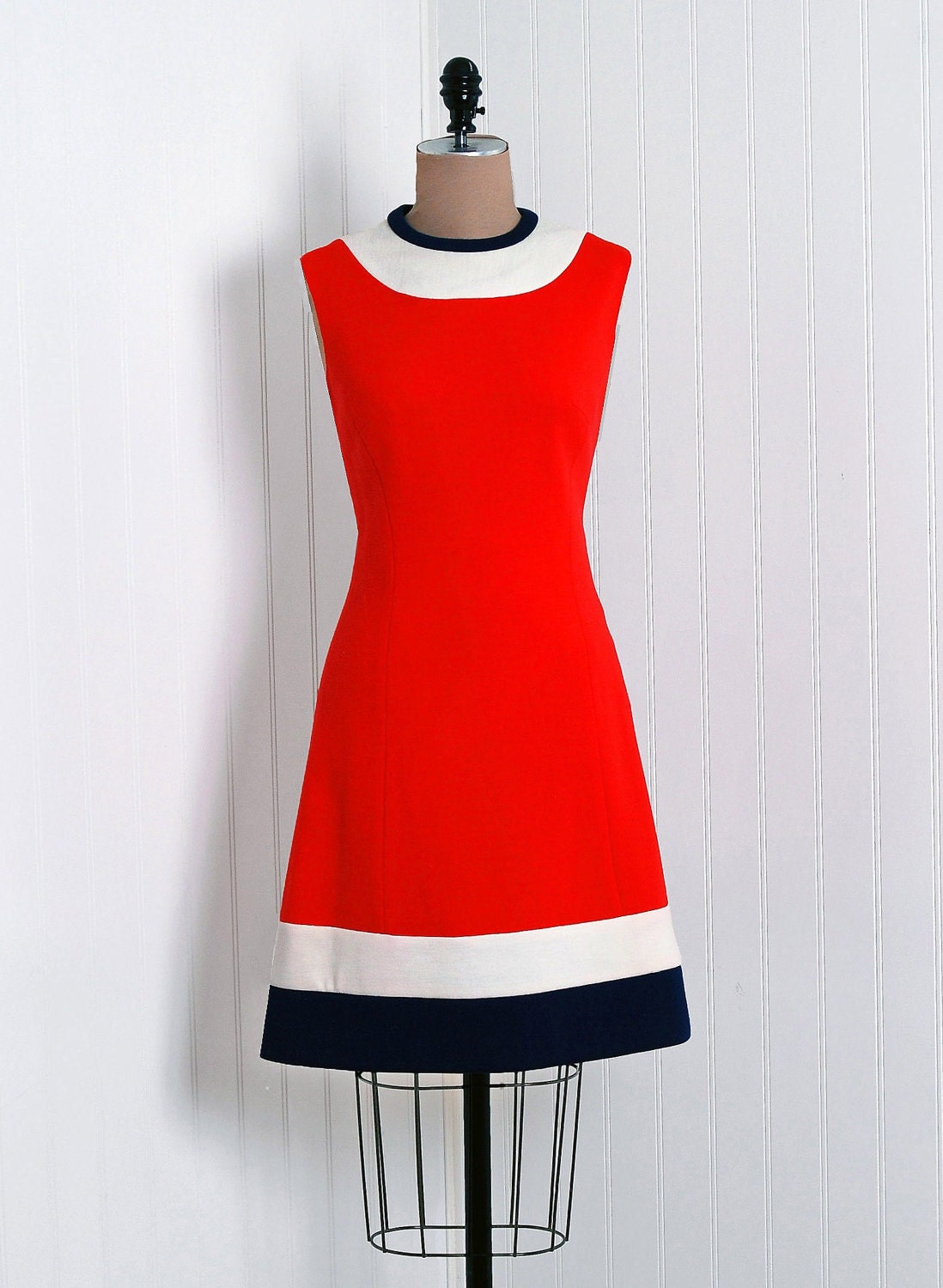 1960's Vintage Lilli Ann Designer-Couture Red,Navy-Blue and Ivory Wool-Knit Military Block-Color Stripe Belted-Waist Stewardess Space-Age Pleated Mod Swing-Skirt Princess Career Cocktail Party Coat-Jacket and Matching Go-Go Shift Sleeveless Dress Suit
