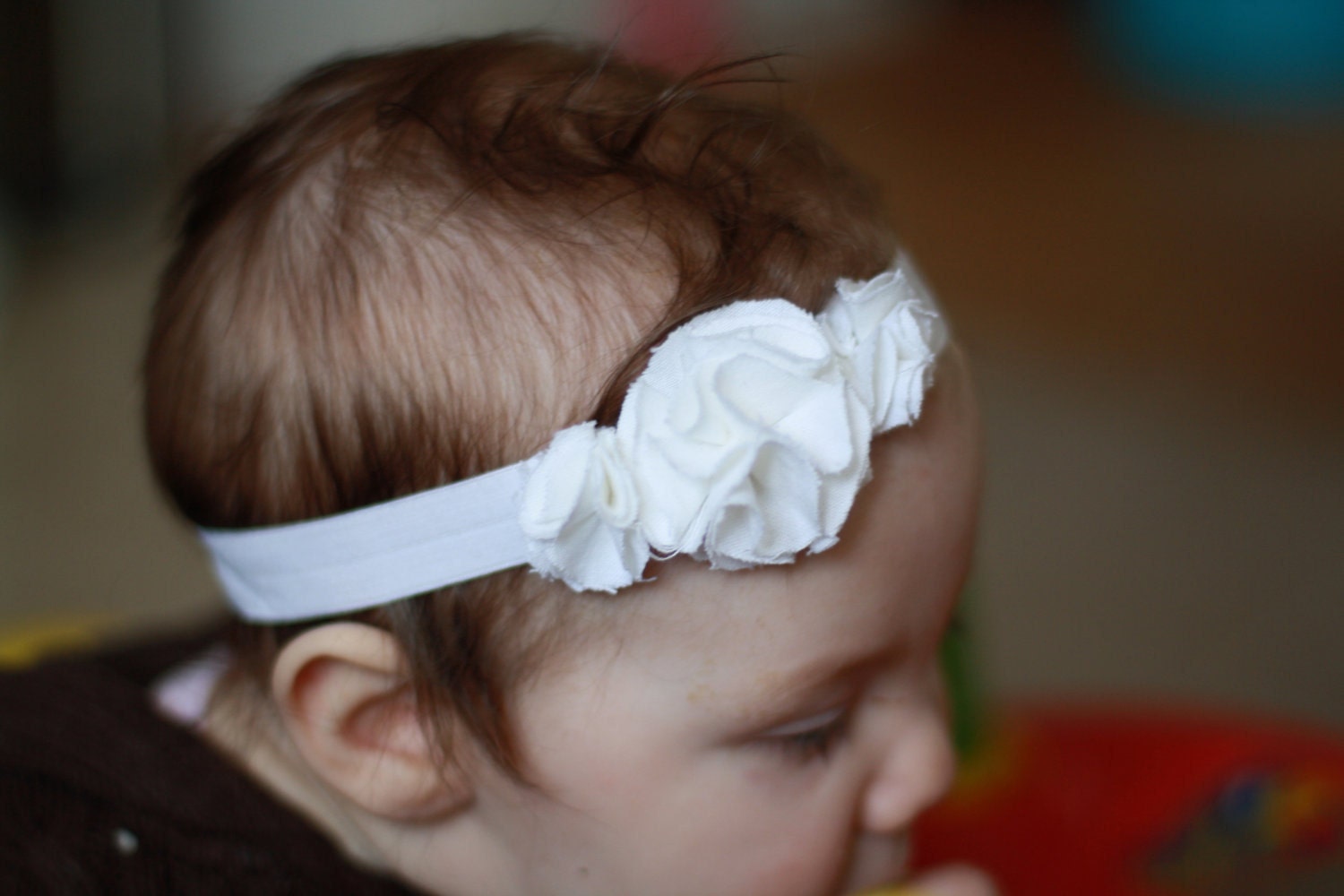 Snow White custom made frayed-edge flowers baby/toddler/child headband