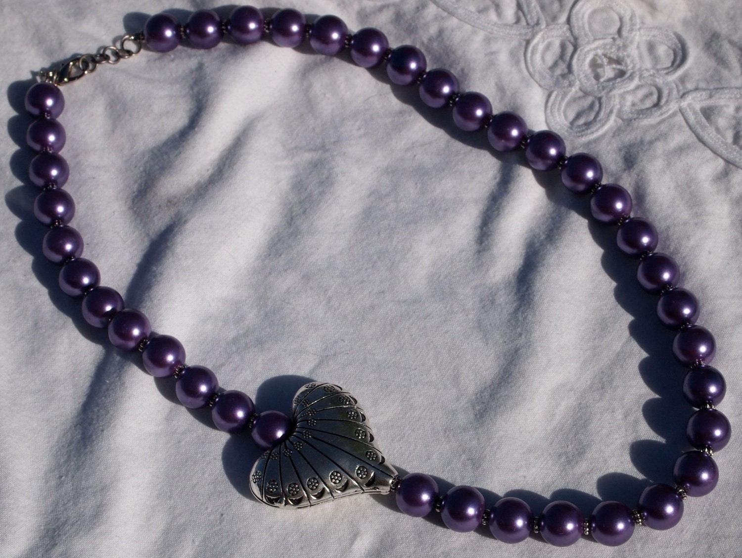 Asymetric Lavender Glass Pearl with Silver Heart Necklace