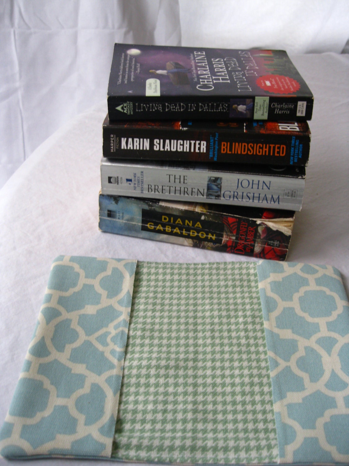 Upcycled Book Cover-- Trade Paperback  Aqua Blue Grapics on Cream Canvas with Green Houndstooth Lining