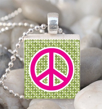 Peace Sign Scrabble Tile Pendant With Ball Chain 1446