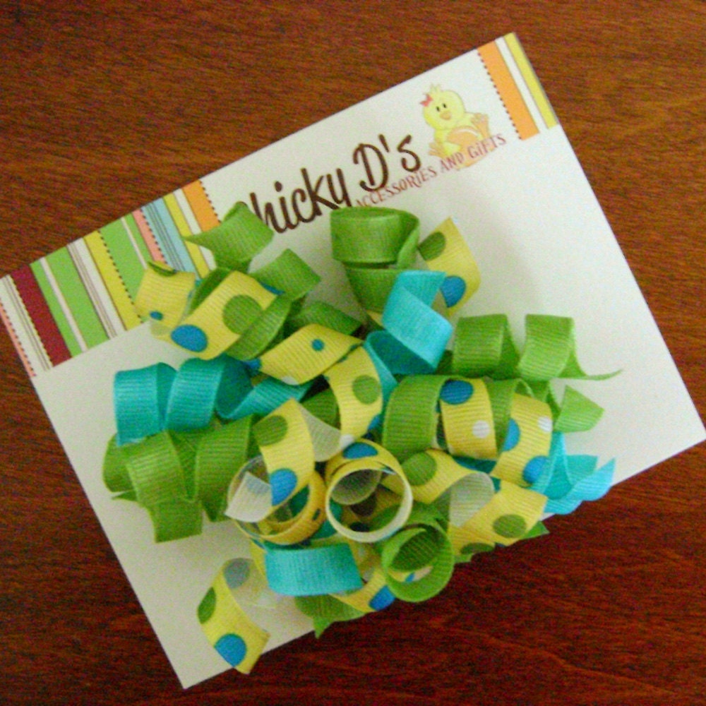 Blue Green Yellow Polka Dot Boutique Style Korker Bow