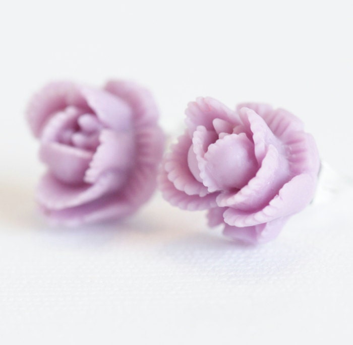 Free Shipping - Miniature Lavender Rosebud Post Earrings