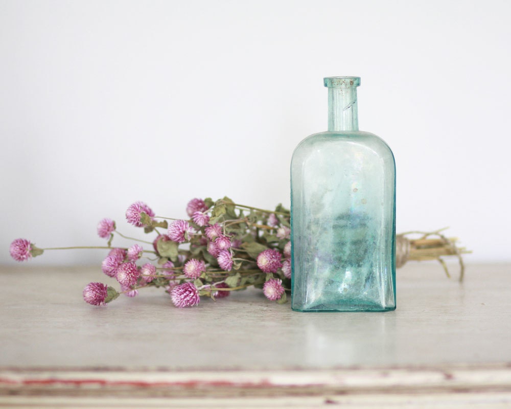 Antique Boston Burnett aqua glass bottle