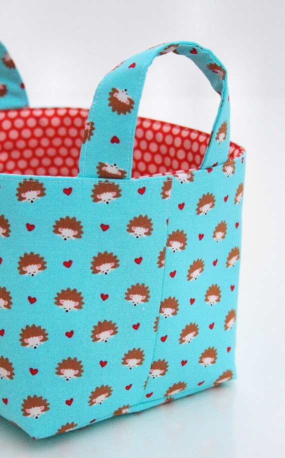 Fabric Organizer Basket Bin Reversible hedgehogs hearts