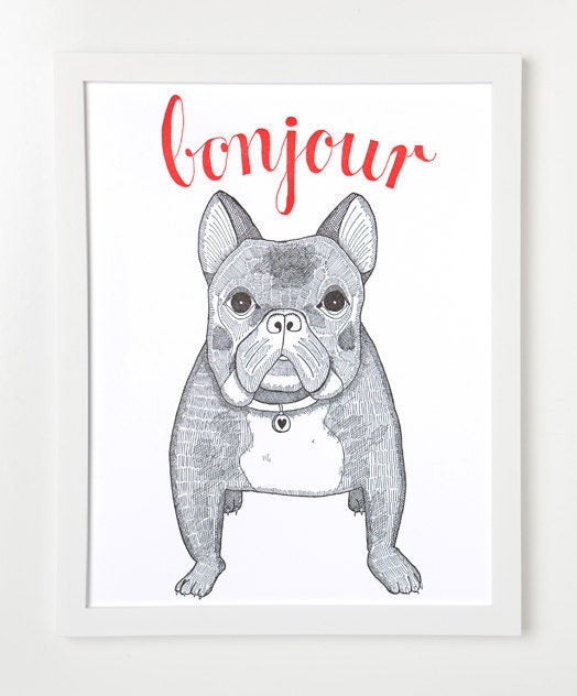 Letterpress Bonjour Art Print. French Bulldog.