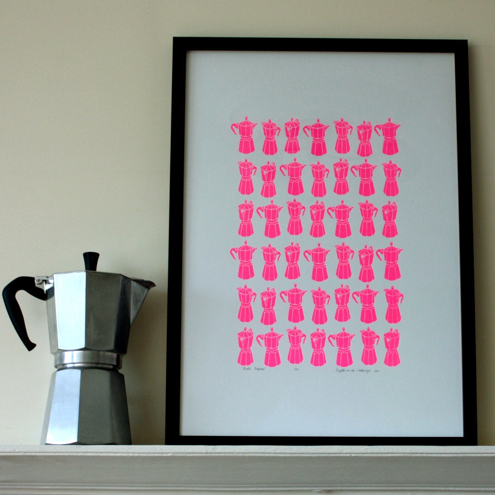 Neon Pink  Moka Express silkscreen print - A2 size - edition of 50