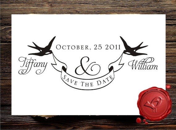 NEW   Ribbon Banner Custom  Personalized    wood handle  address or save the date rubber stamp with 2 swallows  cute  wedding  gift - style HS1287