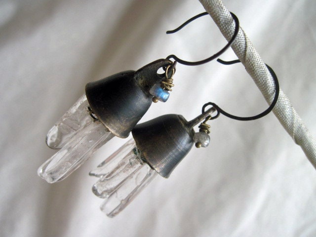 Land of the Lords of Brightness. Bronze Bell Earrings with Quartz.