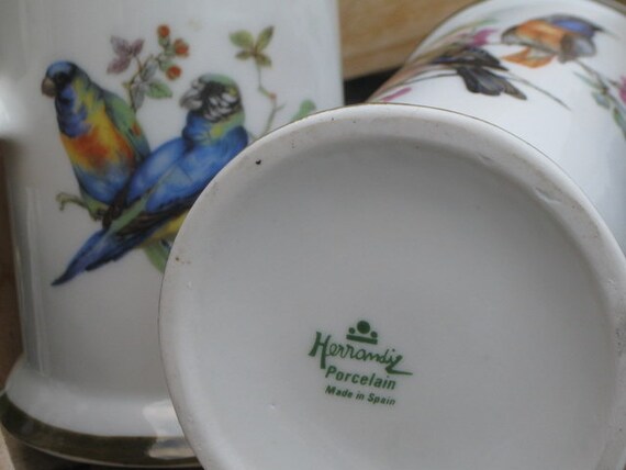 Set of 2 Porcelain Cups with Beauifully Handpainted Birds - Made in Spain by Herradil Porcelain
