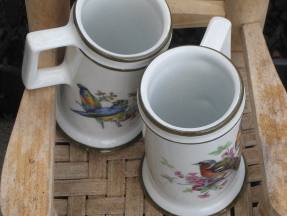 Set of 2 Porcelain Cups with Beauifully Handpainted Birds - Made in Spain by Herradil Porcelain