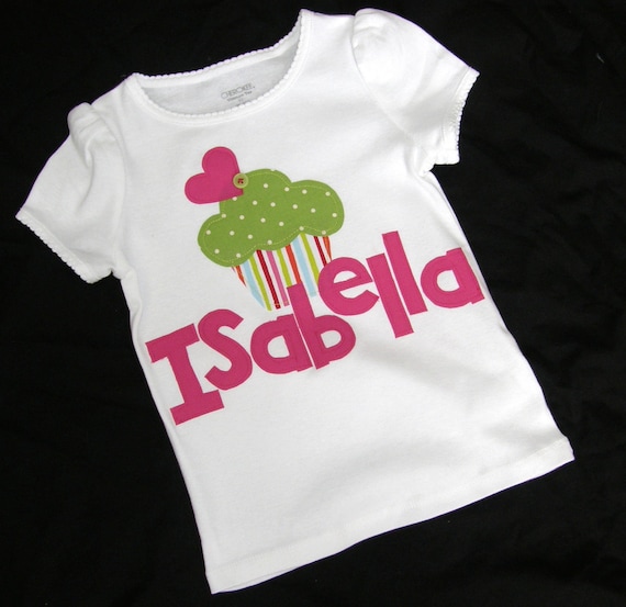 Baby girl, toddler onesie with lime green polka dot and striped cupcake applique personalized with initial name in sizes newborn, 3m 6m 9m 12m or a plain white onesie or shirt sizes 12m 18m 24m 3T 4T 5T 6 7 8 10 12 14 16